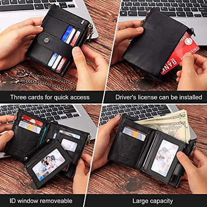 gzcz mens wallet with chain Zipper Genuine Leather Bifold Purse | Genuine Leather, RFID Blocking, Large Capacity,18 Credit Card Slots,2 ID Window,2 Cash Compartments,2 Coin Pocket,Gift Choice - color: Black