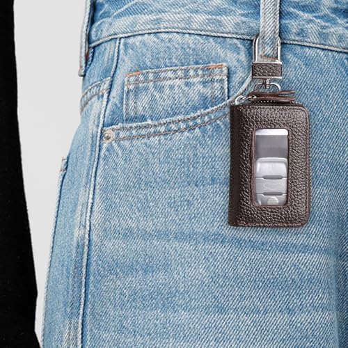 Car Key Fob Case, Genuine Leather Remote Key Protector Cover with Metal Hook & Transparent Window, Protective Automotive Smart Keychain Ring Bag, Compatible with Most Vehicle (Coffee) - color: Coffee