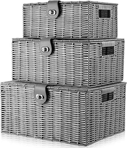 Set of 3 Woven Wicker Storage Basket Box with Lids & Lock, Built-in Carry Handles, Multifunctional Storage Organizer for Nursery, Baby, Clothes, Toys, Books, Large/Medium/Small Size (Grey) - color: Grey