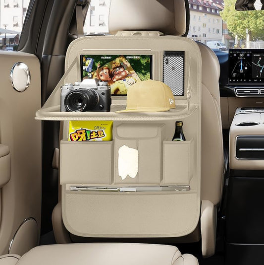 Back Seat Car Organizer 1 Pack,Backseat Organizer with Tray,Multifunctional Car Seat Back Storage Box with Foldable Tablet Holder (Beige, Plain weave) - color: Beige, size: Plain weave