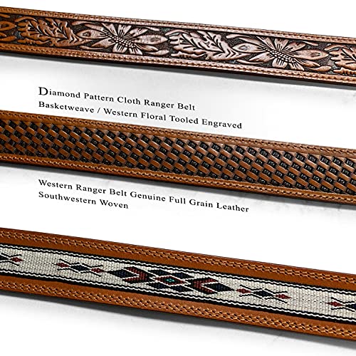 Western Pattern. Basketweave. Floral Tooled Engraved Genuine Full Grain Leather Ranger Belt, Assembled in the U.S - color: 71 72 73-tan, size: 36