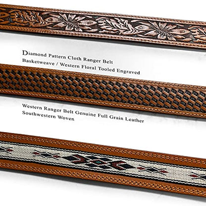 Western Pattern. Basketweave. Floral Tooled Engraved Genuine Full Grain Leather Ranger Belt, Assembled in the U.S - color: 71 72 73-tan, size: 36