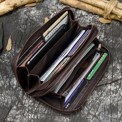 Genuine Leather Long Wallet for Men, Large Capacity Purse Clutch Bag Handbag Checkbook Cash Credit Cards Phone Holder | Large Capacity - color: 1008-Dark Brown