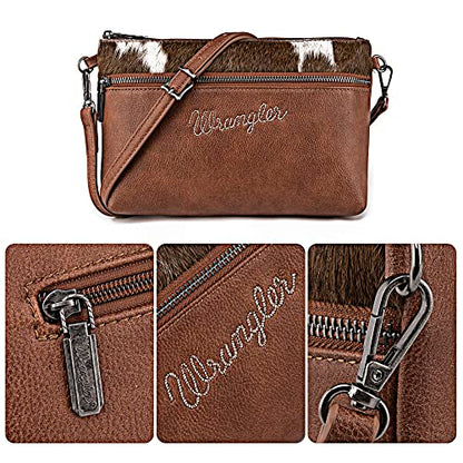 Wrangler Western Cowhide Crossbody Bags for Women Clutch Wristlet Purse - color: Cowhair-brown