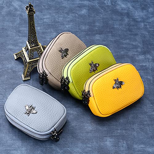 Genuine Leather Coin Purse for Women Small Double Zipper Wallet Mini Change Pouch with Bee Charm for Cash Cards Keys Cute Compact Organizer (Pink) - color: Pink