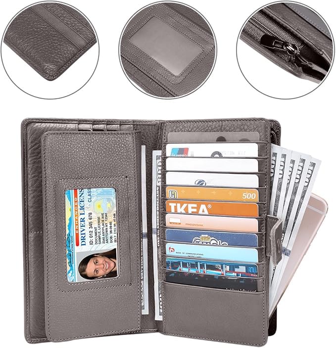 Itslife Womens Wallet,Large Capacity RFID Blocking Leather Wallets Credit Cards Organizer Ladies Wallet with Checkbook Holder - color: Gray