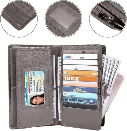 Itslife Womens Wallet,Large Capacity RFID Blocking Leather Wallets Credit Cards Organizer Ladies Wallet with Checkbook Holder - color: Gray