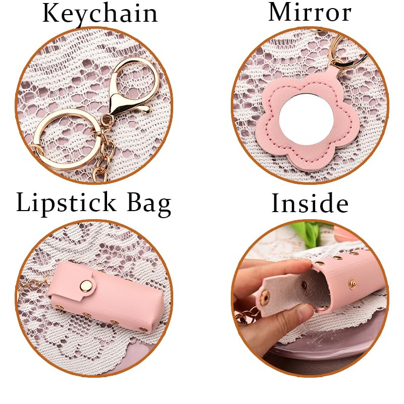 Sisadodo Lip Oil Lipstick Case with Mirror Lip Oil Lipstick Holder Key Chain for Car Keys Keychains Lipstick Organizer Case - color: Pink-flower