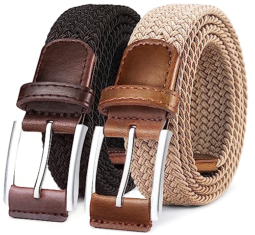 BULLIANT Woven Braided Stretch Web Belt 2Pack for Men 1 3/8"-Gift Boxed - color: 2pack-black/Beige1286, size: 42"-46"Waist Adjustable