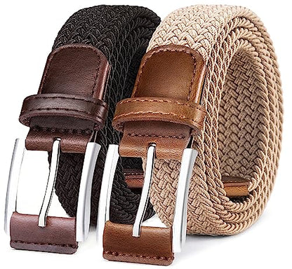BULLIANT Woven Braided Stretch Web Belt 2Pack for Men 1 3/8"-Gift Boxed - color: 2pack-black/Beige1286, size: 42"-46"Waist Adjustable