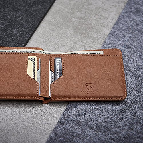 Vaultskin MANHATTAN Slim RFID Blocking Bifold Leather Wallet for Men - Men’s Leather Wallet, Front Pocket Minimalist Card Holder, Holds 9 Cards and Cash, Premium Italian Leather - color: Cognac