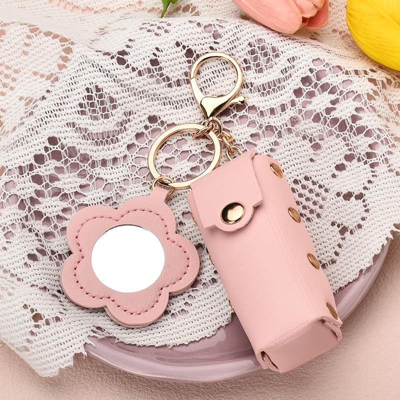 Sisadodo Lip Oil Lipstick Case with Mirror Lip Oil Lipstick Holder Key Chain for Car Keys Keychains Lipstick Organizer Case - color: Pink-flower