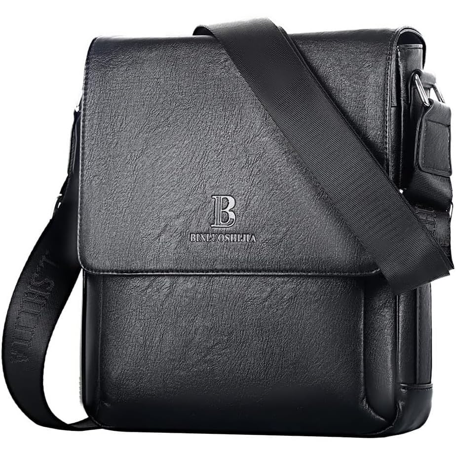 Leathario Men's Crossbody Bag, Vegan Leather, Shoulder Purse Side Sling Satchel, Small Messenger for Travel Work Daily - color: Black